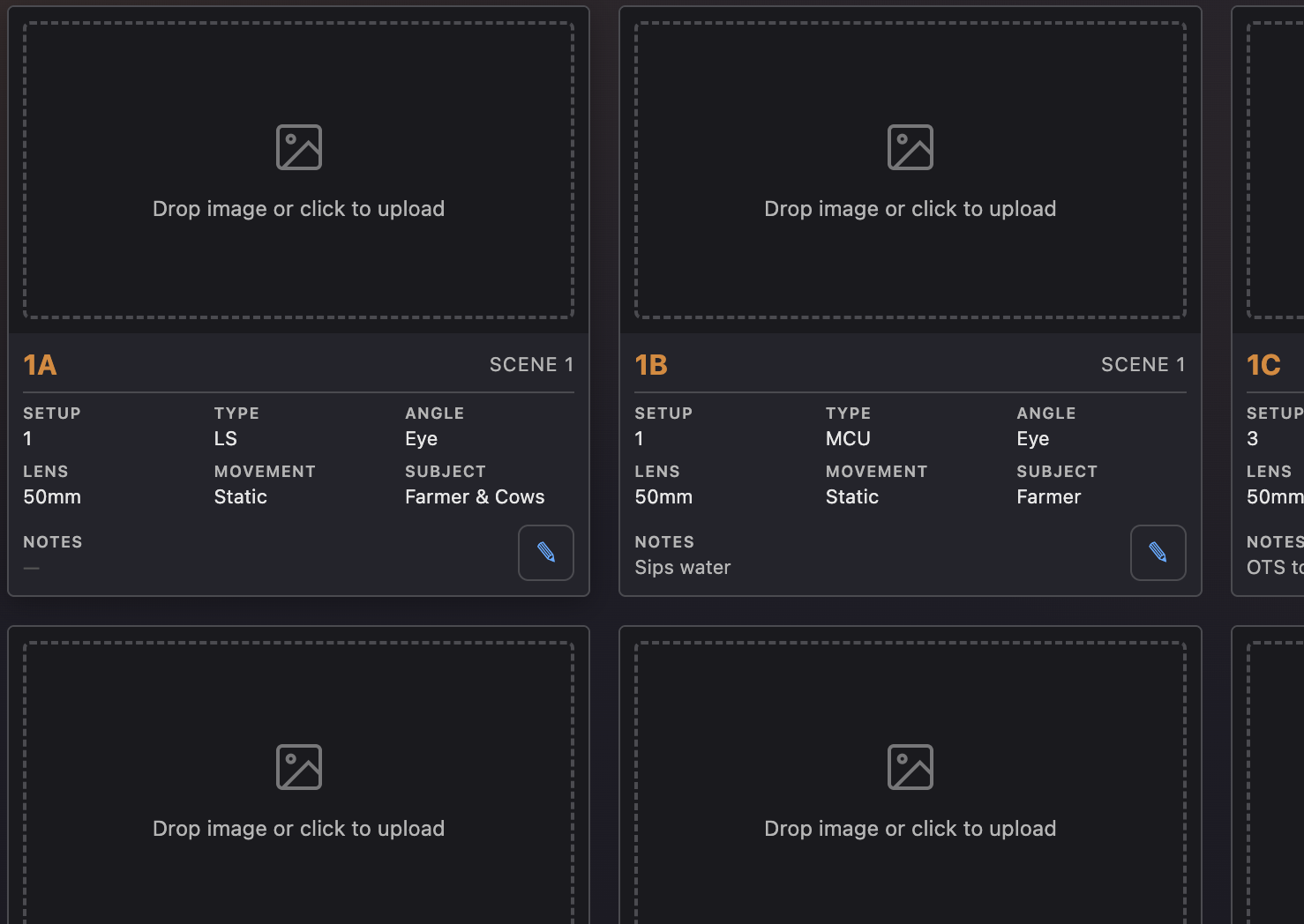 Storyboard view in Lína showing a grid of frames with images and shot details for each setup